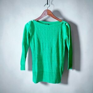 J.Crew Green Cable Knit Button Shoulder Sweater 3/4 Sleeve